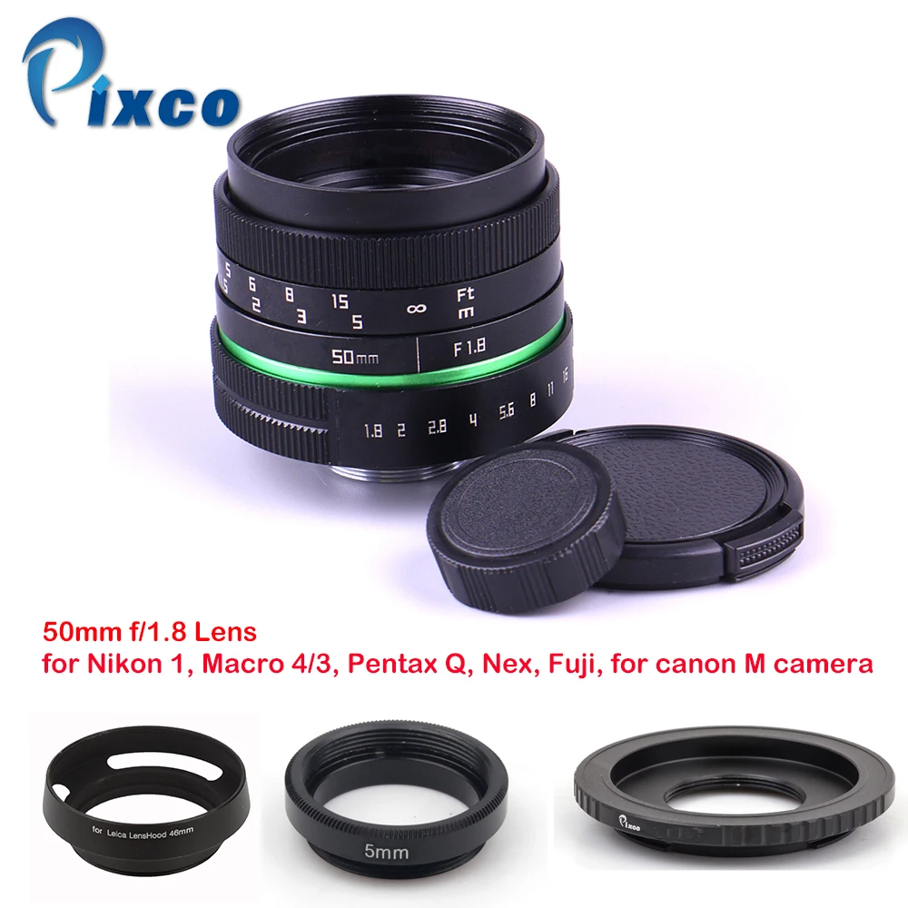 Объектив Pixco 50 мм f/1,8 APS-C+ бленда+ кольцо для макросъемки+ адаптер с креплением 16 мм для Nikon 1/M4/3/для Pentax Q/Nex/Fuji/для eos