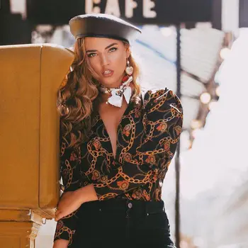 

2019 Summer Retro Vintage Elegant Print OL Shirts Women Long Sleeve V Neck Tops and Blouses Femme Blusas