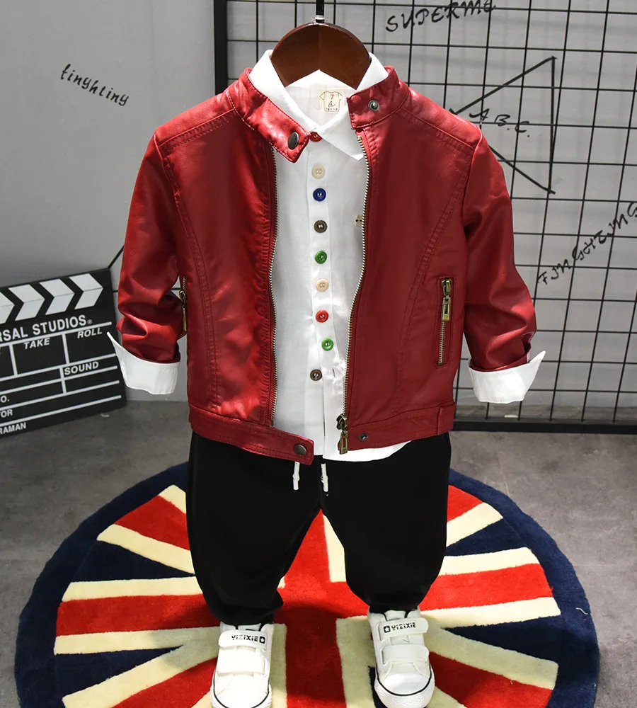 

Boy's Fashion Solid Color Faux Leather Thick Fleece Winter Leather Jacket Casual Jacket Coats