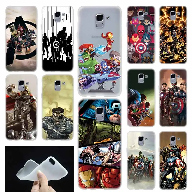 

Cover TPU Coque For Samsung Galaxy J6 J8 J3 J5 J7 J4 Plus 2018 2016 2017 EU Prime Pro Ace j610 Marvel The Avengers stickers