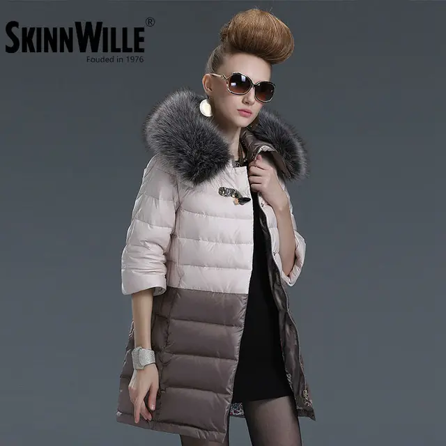 SKINNWILLE Новая зимняя коллекция Искусственный Меховой Воротник Одежда пуховик длиннее пальто Женский Пуховик Удобный капюшон Отстегивающие рукава Зимнее пальто