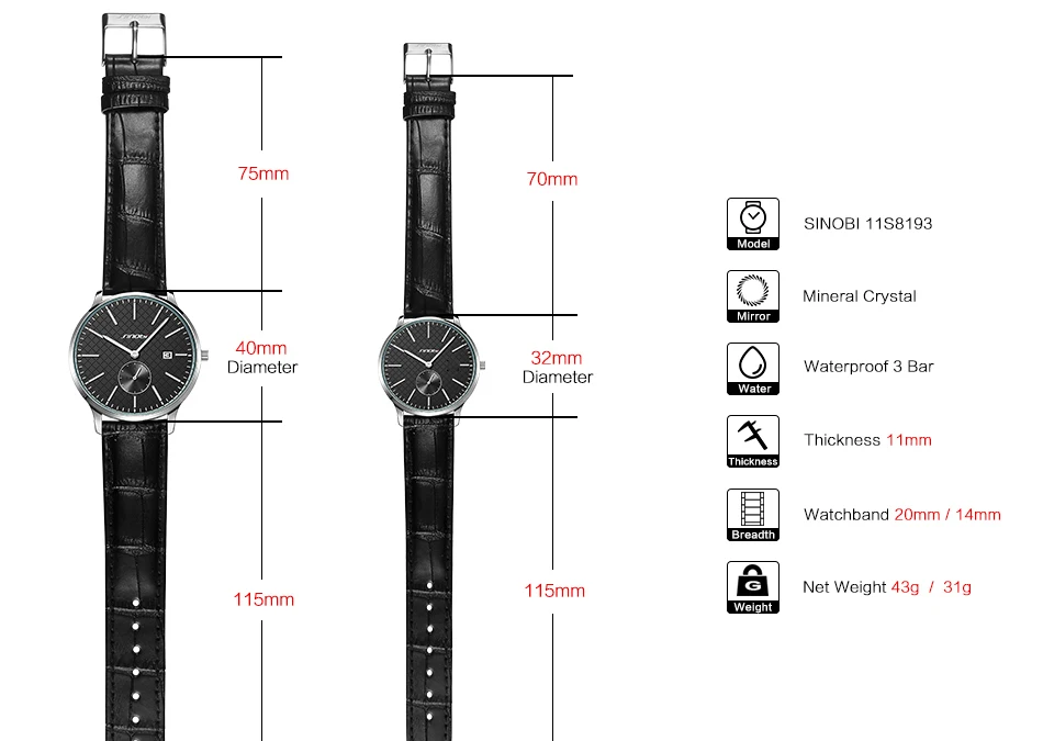 Sinobi часы для влюбленных, деловые мужские и женские Модные Кварцевые водонепроницаемые часы, черный кожаный ремешок, пара часов, подарок на день Святого Валентина