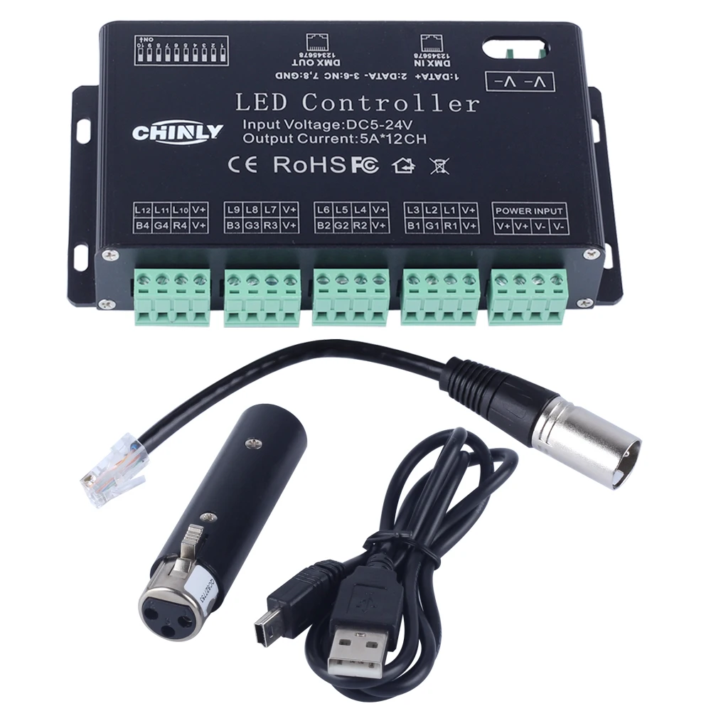 CHINLY 12 канальный DMX декодер RGB светодиодный контроллер DC 5в 24в с USB контроллером и
