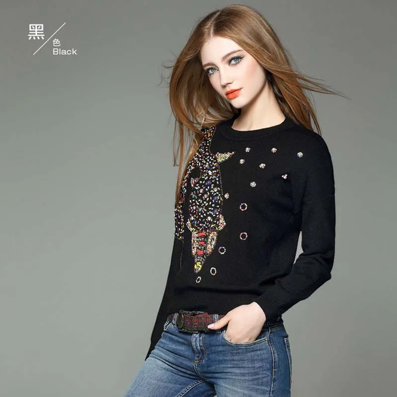 Осенний женский брендовый Дизайнерский Модный уличный свитер пуловер с круглым вырезом вязаный свитер из бусина Золотая рыбка