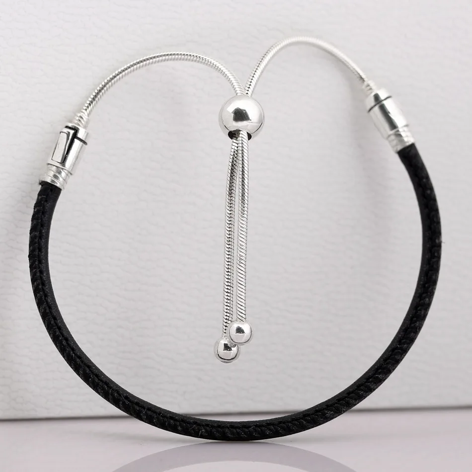 

Moments Leather With Adjustable Sliding Clasp Bracelet Bangle Fit Bead Charm Diy Pandora Jewelry 925 Sterling Silver Bracelet