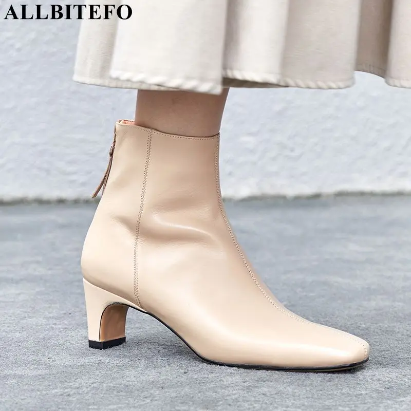 

ALLBITEFO square toe genuine leather high heels ankle boots fashion brand women high heel shoes winter women boots martin boots