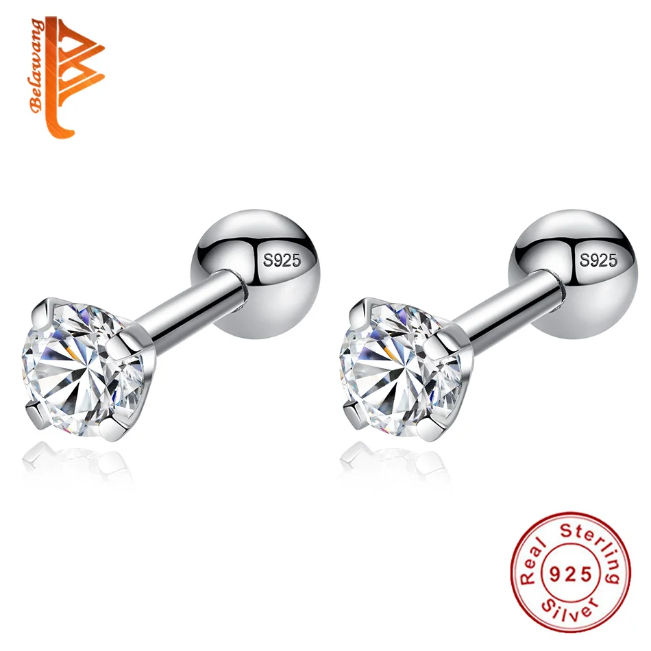 

BELAWANG 100% Sterling Silver Luxury CZ Crystal Women Stud Earring Wedding Engagement Jewelry Female Christmas Gift