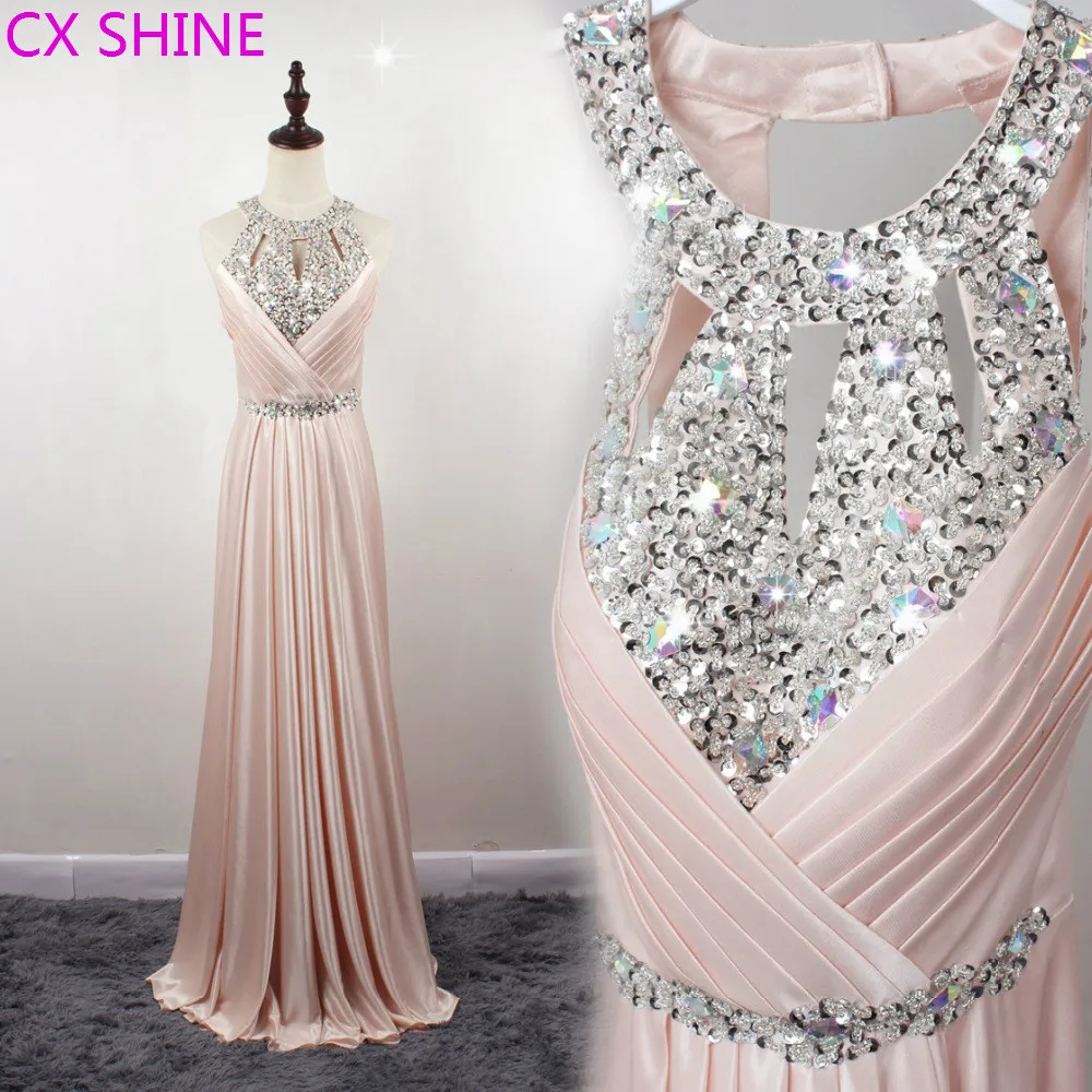 CX SHINE Custom size 11 color Fashion beaded Crystal sequins Halter evening dresses long prom party dress vestido de noche