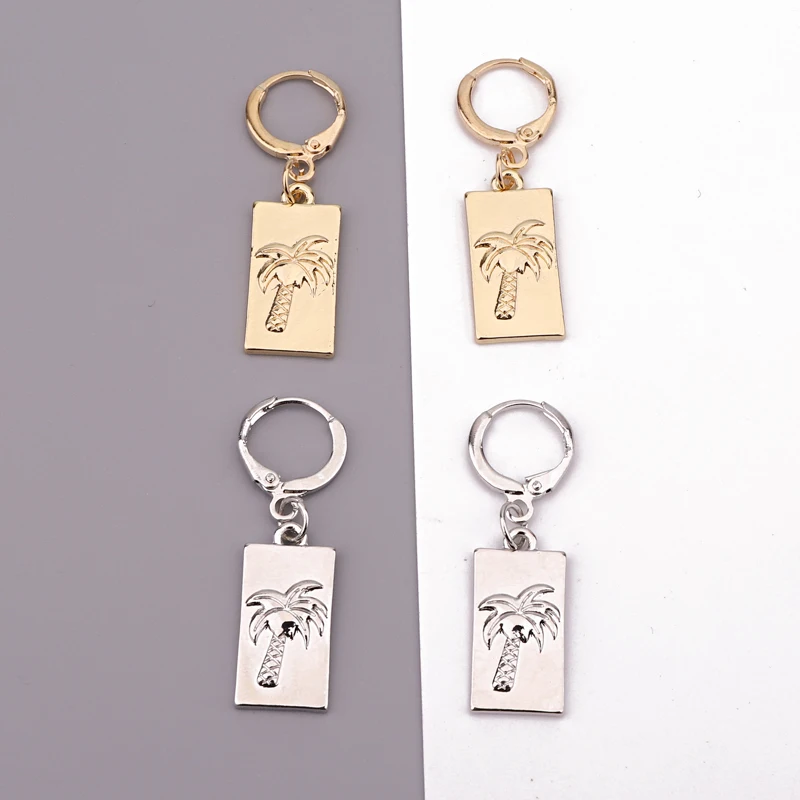 

1Pair Punk Personality Coconut Tree Rectangle Hoop Earrings Women Gold Silver Color Carving Plant Pendant Earrings Jewelry E249