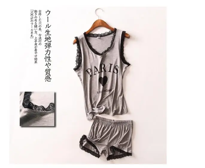 

2017 Modal Summer Sleeveless Pajamas Women Casual Leisure Shorts Letter Lace Pajamas Shorts 2 Piece Suit