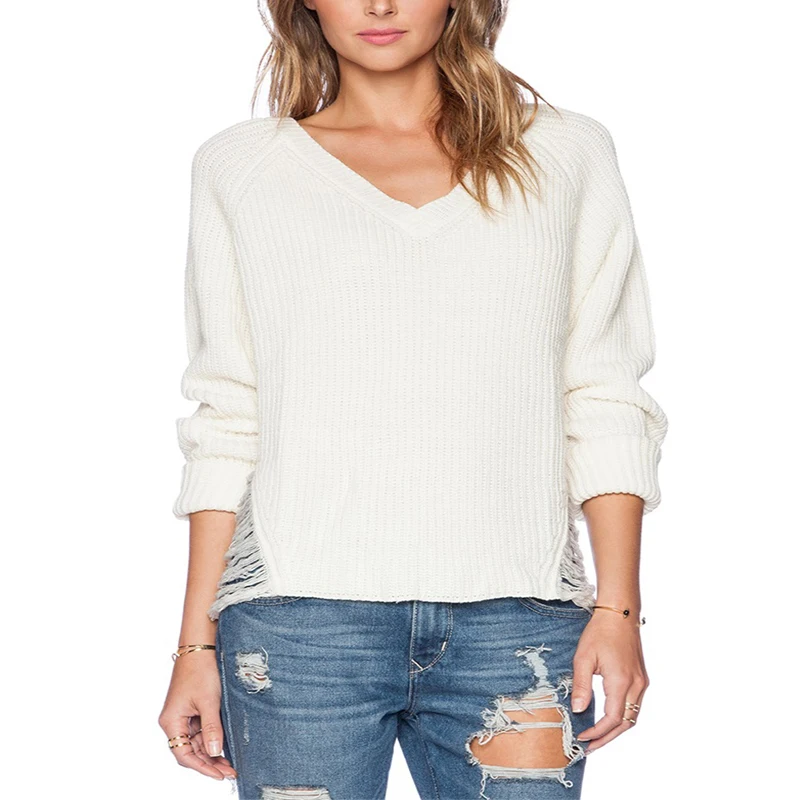 woman sweater winter 2015 Fashion V neck White Long Sleeve Hole women