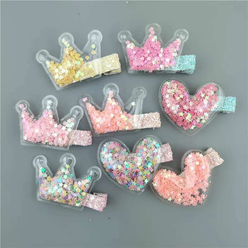 

Cute girl hair clips Transparent sequins sandpaper PVC love hair clips Child baby cute INS crown clips hairpin headwear