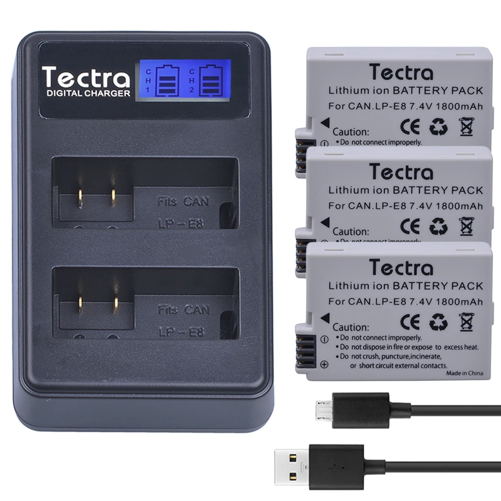 Tectra 3 шт. LP-E8 LPE8 LP E8 7.4 В/1800 мАч литий-ионный Батарея+ ЖК-дисплей USB двойной Зарядное устройство для canon EOS 550D 600D 650D 700D