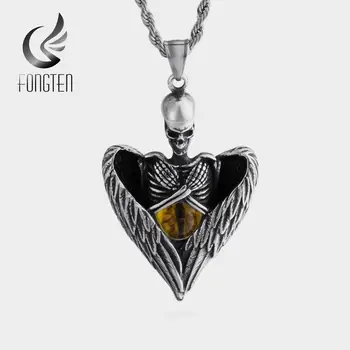 

Fongten Skull Angel Wing Cat Eyes Stones Stainless Steel Pendant Pingente For Men Necklace Jewelry