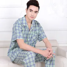 2016 New Pajamas For Men Summer Pyjamas Men Cotton Woven Plaid Sleepwear Short-sleeve Sleep Men lounge Pajama set Loose