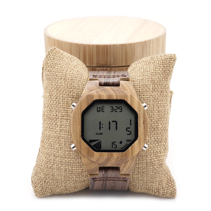 BOBO BIRD Top Brand Design Zebra Wooden Mens Watch LED Digital Watches With Wood Leather Straps