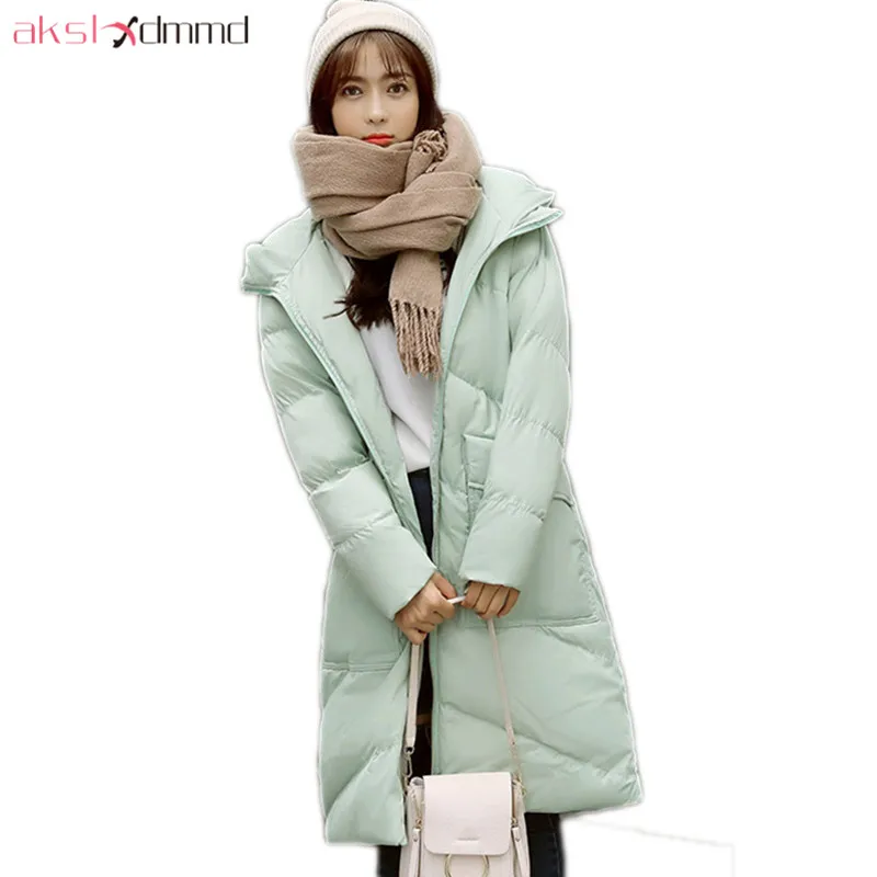 

AKSLXDMMD Solid Color Student Cotton Coat 2017 New Parka Winter Jacket Women Fashion Hooded Slim Long Coats Female LH1206