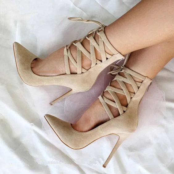 

SHOOEGLE Zapatos Mujer Red Beige Suede Ankle Strap Women Pumps Pointed Toe High Heels Sandals Lace Up Stiletto Heel Women Shoes