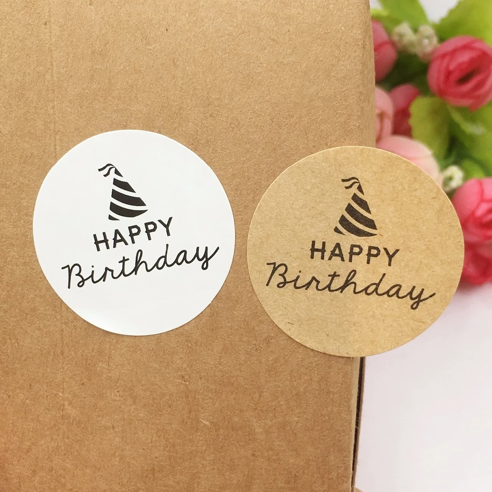 500pcs Kraft Paper Sticker Labels 3.5cm Round Happy birthday Gift Packaging Labels stickers self-adhesive Sealing boxes labels