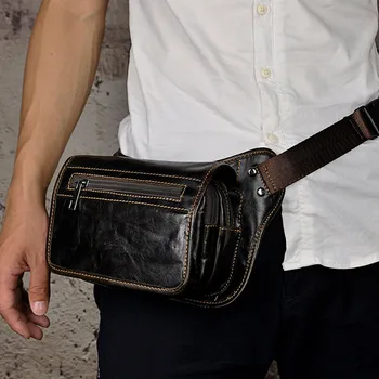 

YIANG High Quality Oil Wax Genuine Leather Cowhide Vintage Fanny Waist Bags Travel Men Single Messenger Bag Sling Chest Bag