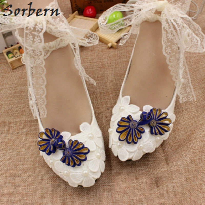 

Sorbern White Flower Lace Wedding Shoes Buty Damskie High Heels Pumps Bridal Shoes Round Toe Lace Up Ankle Straps Womens Heels