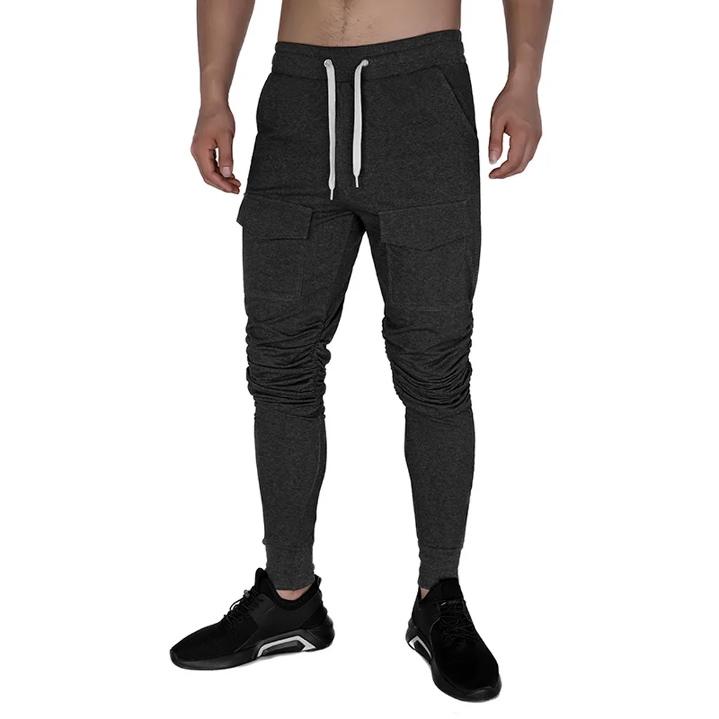 Мужские брюки Модные мужские повседневные однотонные Эластичный шнурок на талии спортивные длинные брюки Pantalon мужские теплые брюки - Цвет: Темно-серый