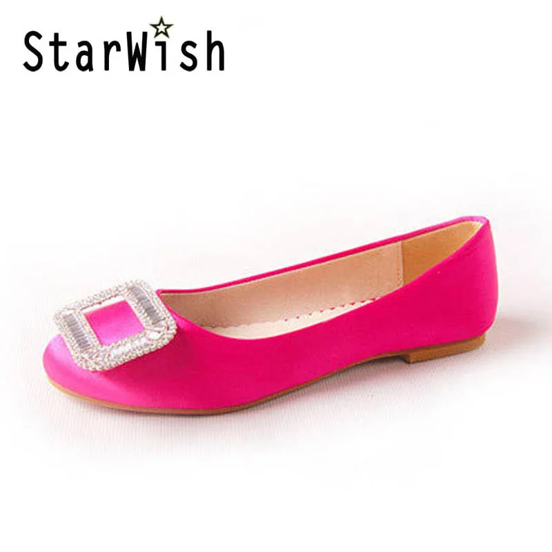 

STARWISH Fashion Round Toe Slip-on Ballet Flats For Women Elegant Satin Crystal Buckle Women Flats Plus Size 34-43 Ballerinas