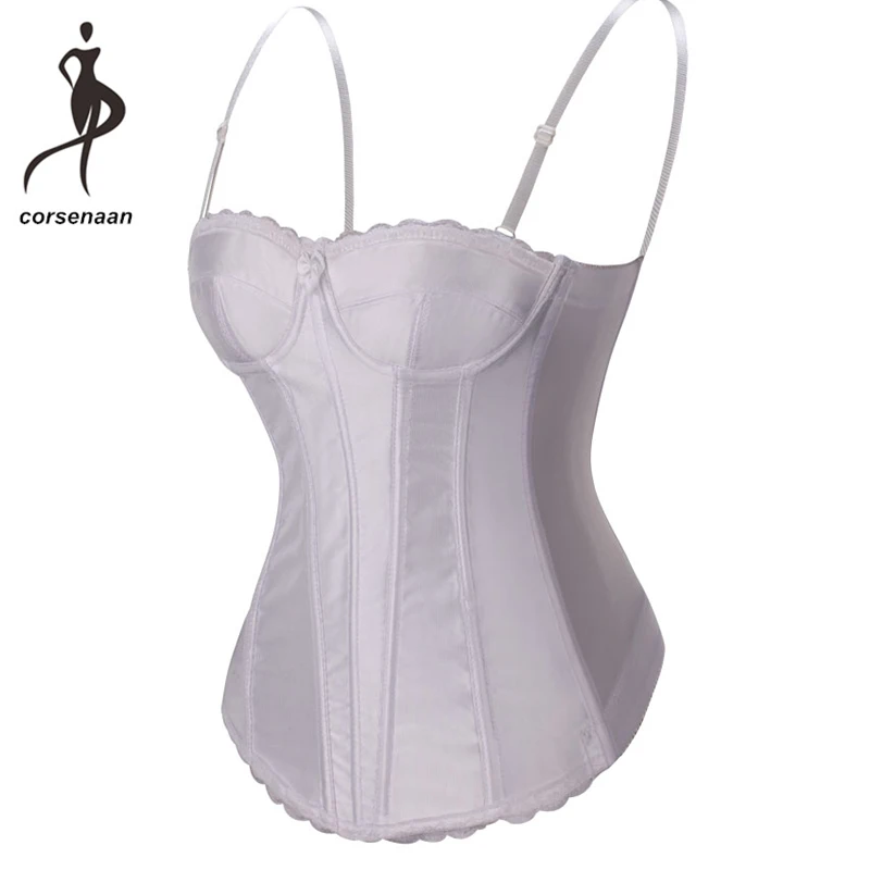 Adjustable Straps White Women's Bridal Basque Bustier Full Cup Plain
