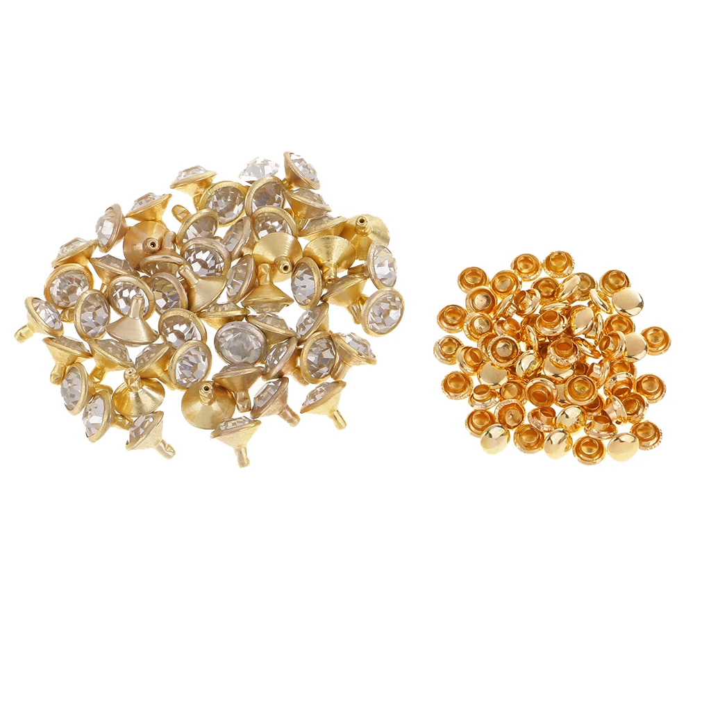 50 Pieces Rhinestone Rivets Studs Buttons for Sewing Crafts DIY Bag Clothes Shoes 7/10mm Silver/Gold Leathercrafts Accessories