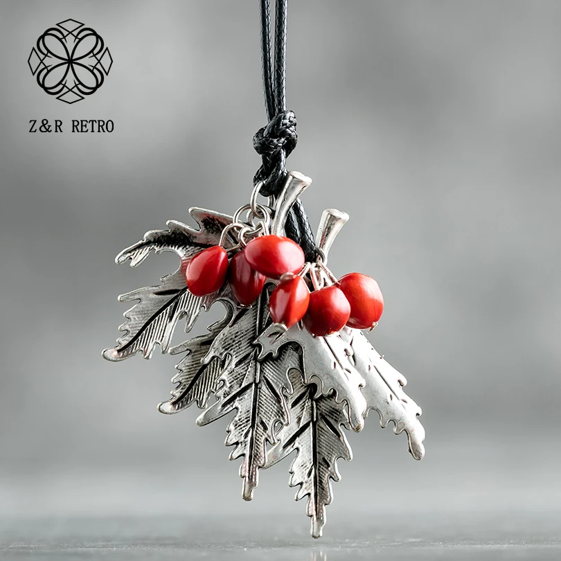 

2018 Vintage Long Necklaces for Women and Men with Handmade Red Beans Retro Leaf Gift Leather Chain Pendant Necklace Jewelry