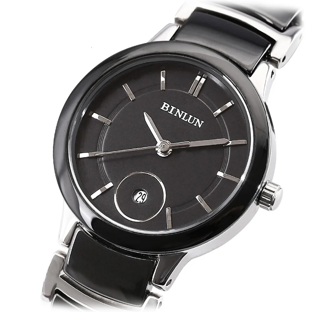 BINLUN Модные женские кварцевые часы вольфрамовый, керамический ремешок женские часы Croton простой Полировочный циферблат Роскошные водонепроницаемые часы