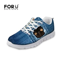 FORUDESIGNS/модные синие джинсовые женские туфли на плоской подошве со шнуровкой и принтом кота; Повседневная Женская Осенняя дышащая обувь на плоской подошве; легкий вес