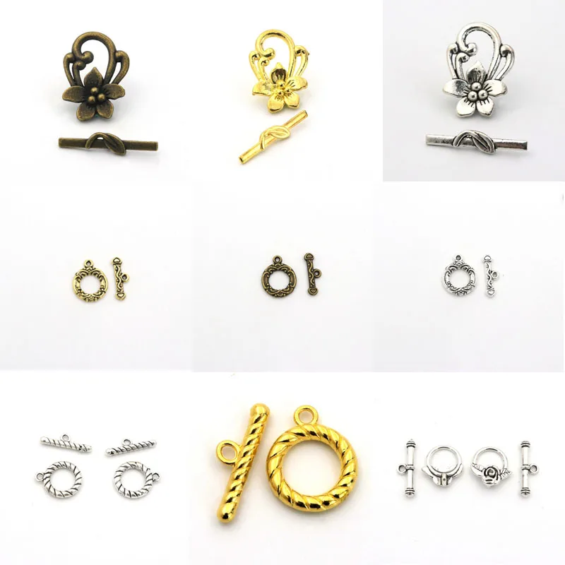 

10Sets/lot 4 Styles Vintage Carved Flower Fastener Retro OT Toggle Clasps For Jewelry Making Bracelet Chain Diy Accessories