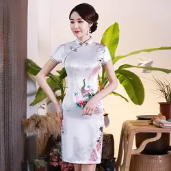 Большие размеры, китайское женское сексуальное шоу, Qipao, летнее Повседневное платье с коротким рукавом, с принтом павлина, винтажное Cheongsam