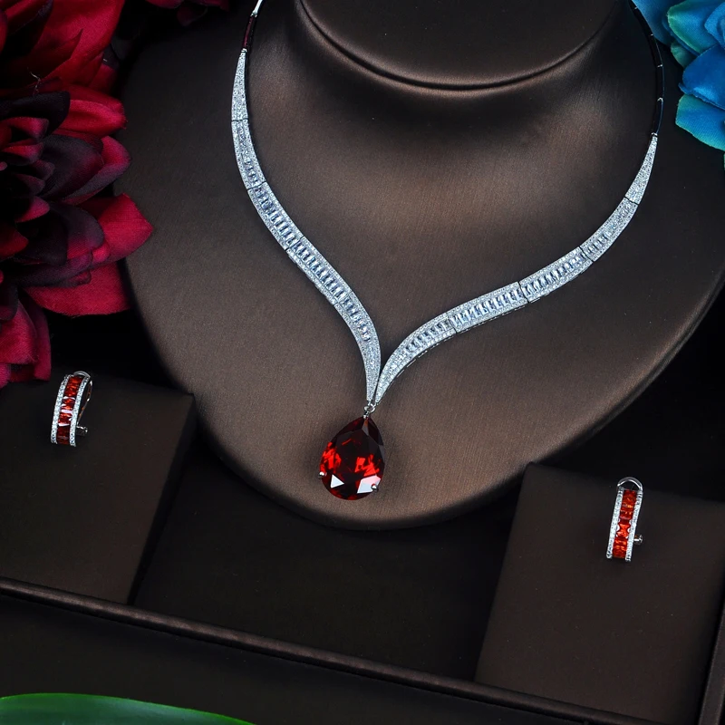 HIBRIDE Luxury Red Water Drop Cubic Zirconia Women Jewelry Sets Necklace Set Wedding Bride Dress Accessories Party Show N-372 - Image 2