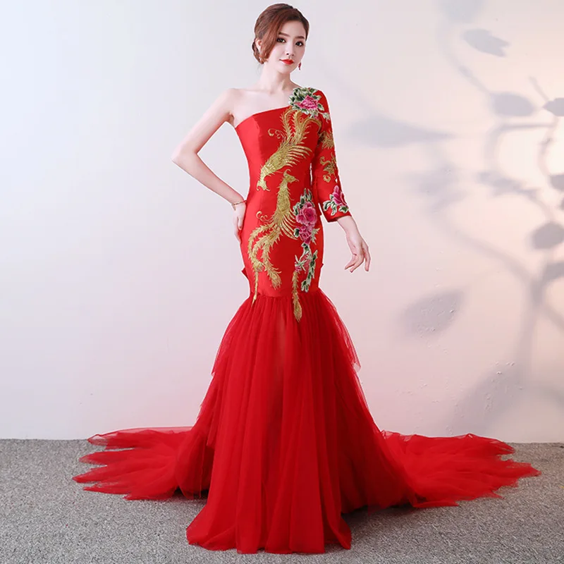 Красный кран длинное вечернее платье 2018 русалка элегантные атласные Oriental Стиль платья Китайский Винтаж вышивка Cheongsam Qipao