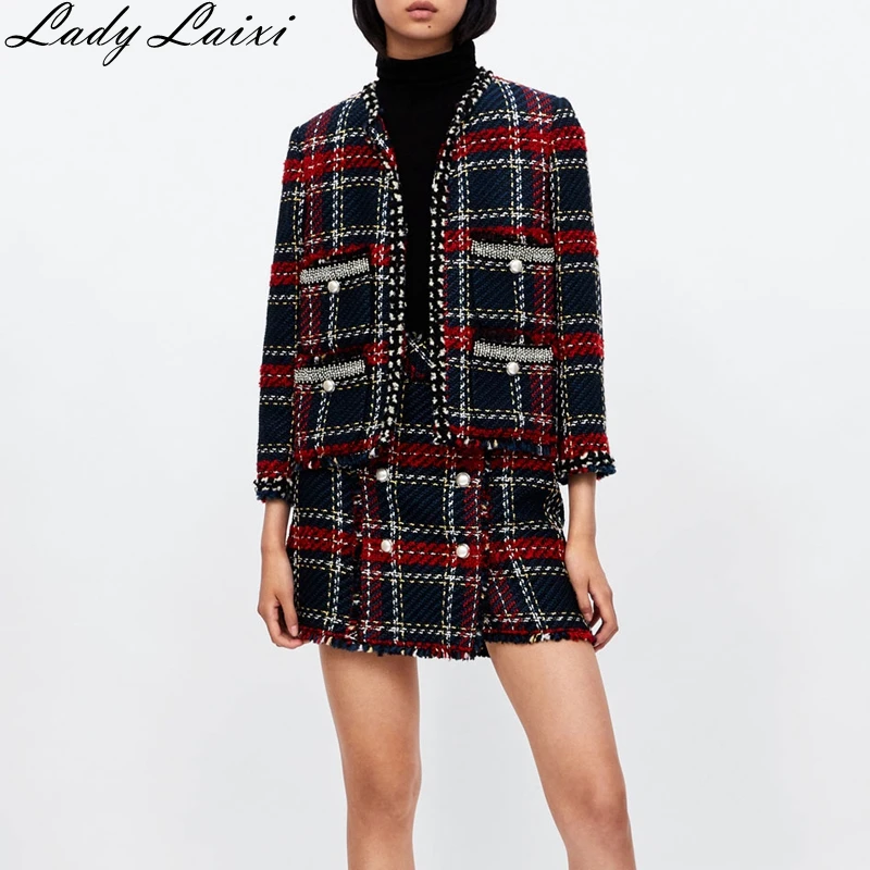 

2019 Autumn Winter Runway High Quality Women Woolen Blends Two Piece Suit Tweed Jacket Coat and Mini Skirt plaid tweed 2pcs Set