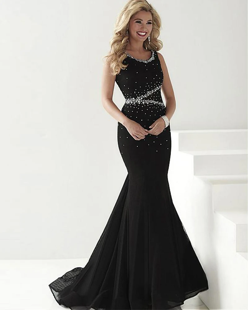 Black Mermaid Prom Dresses 2017 Long Robe De Soiree With Beading Tulle