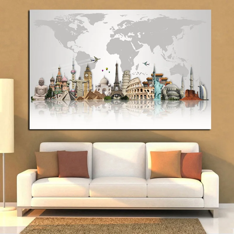 Abstract Famous City Buildings on World Map Painting Big Ben Eiffel ...