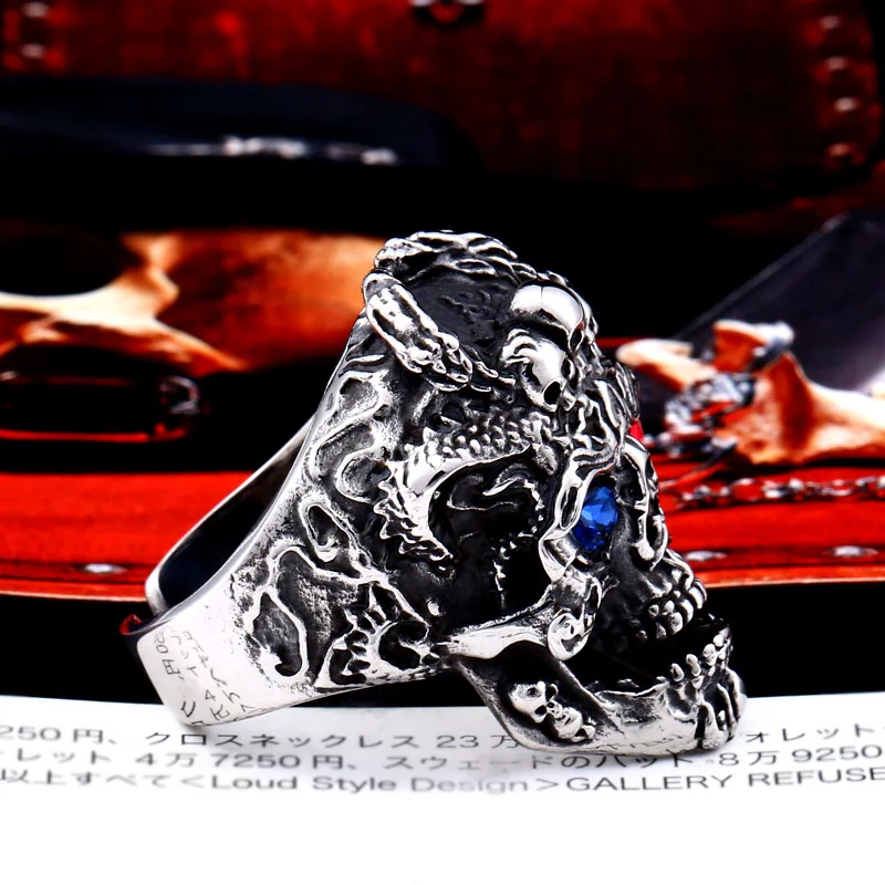 BEIER punk cool three skull With Blue/red eye Ring Stainless Steel Punk fashion for men jewelry Halloween party BR8-647
