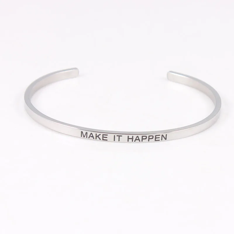 

Fashion Stainless Steel Engraved MAKE IT HAPPEN Bracelet Mantra Bangles For Women men friends family Best Gift
