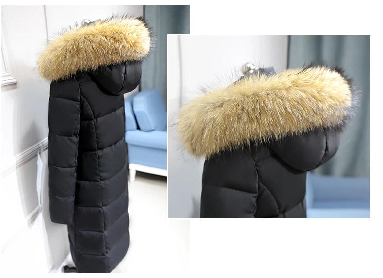 Real Raccoon Fur White Duck Down Coat Winter Jacket Women Long Warm Solid Color Hooded Parka Plus Size Snow Outwear Okb167