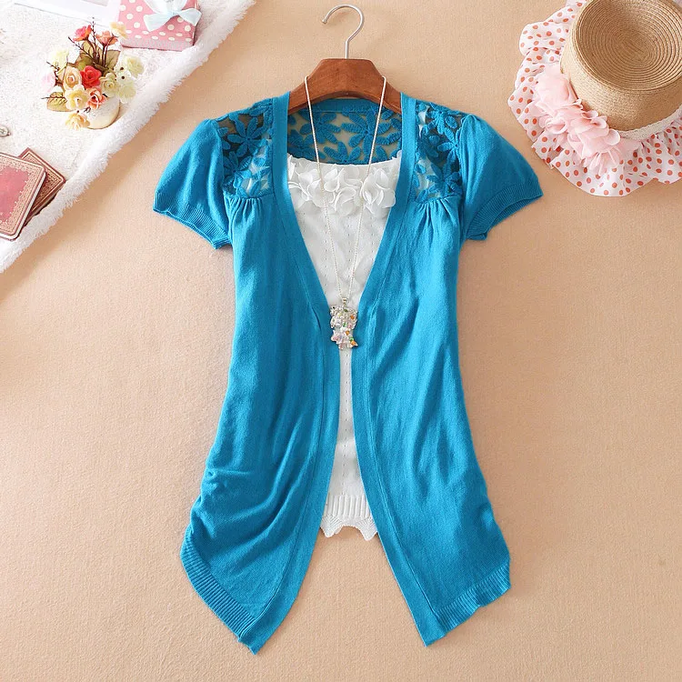 Women Summer Cardigan Short Sleeve Back Lace Flora See