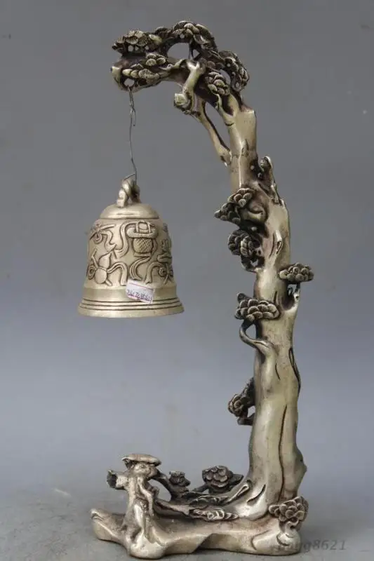 

14" China Silver Pine Tree Immortals Monkey Hanging Zhong Bell Statue