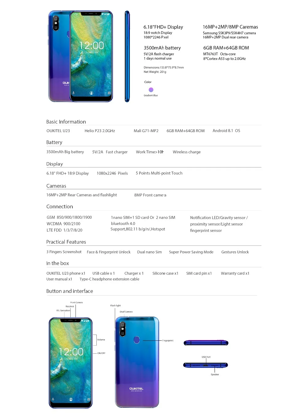 OUKITEL U23 6,18 "Нотч Дисплей Android 8,1 мобильный телефон Mtk6763t Helio P23 Восьмиядерный 6g 64g Беспроводной зарядки Face ID смартфон