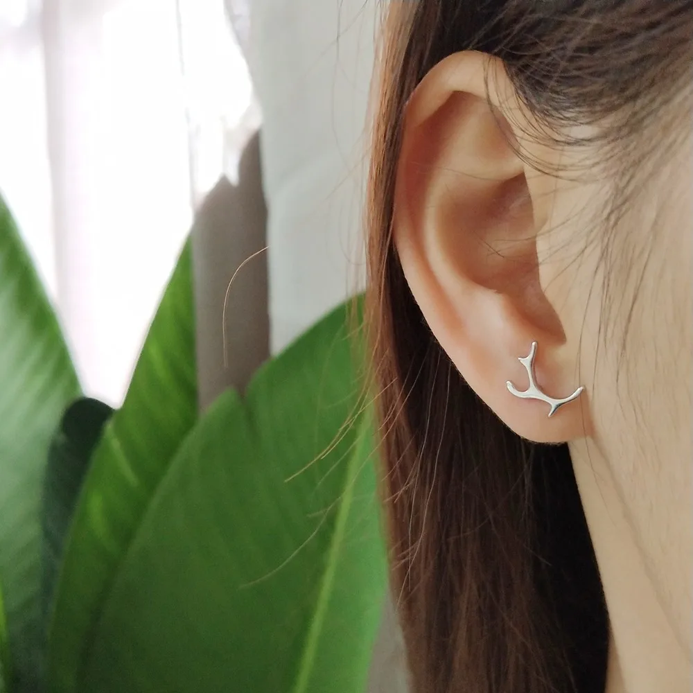 

Lady's minimalist Authentic 925 Sterling silver deer Horn Stud Earrings FINE jEWELRY E481