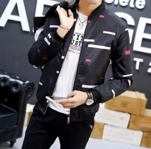Black box New Arrival Spring Autumn Men's Jackets Solid Fashion Coats Male Casual Slim Stand Collar Print Bomber Jacket Men Overcoat 4XL - Цвет: Black box