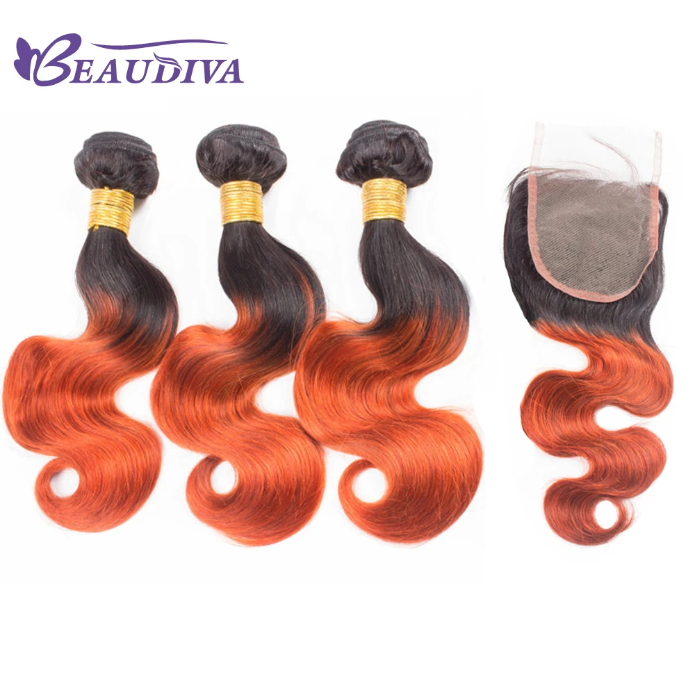 BEAUDIVA Pre-Colored Brazilian Human Hair Bundles With Closure 4*4 Lace Closure Body Wave Human Hair 3 Bundles 1B/Orange Color brazilian-body-wave-hair-bundles-with-closure