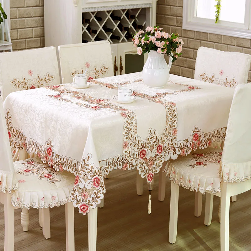 European 1Pcs Satin Silk Table Cloth Beige Lace Embroidery Hollow Out