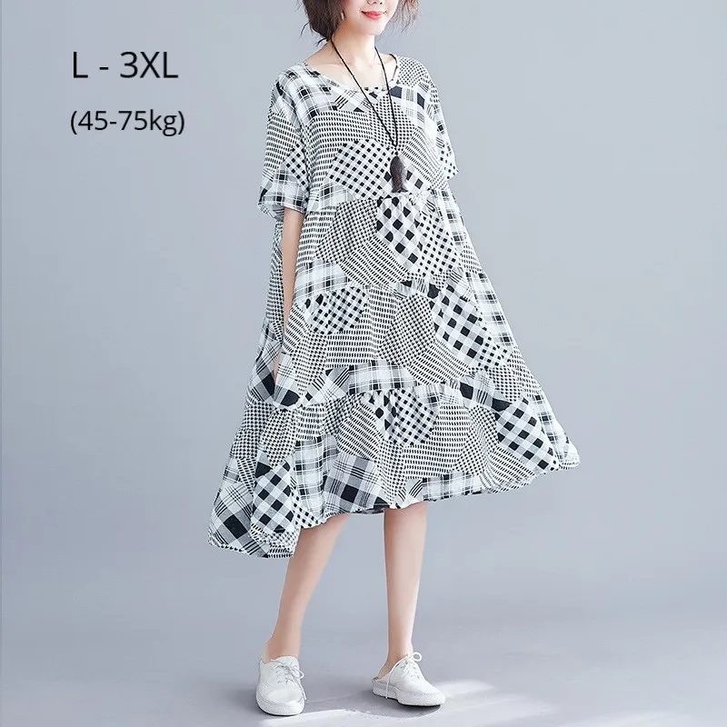 

Short Sleeve Summer Women Dress Plus Size 4XL Cotton Linen Plaid And Patchwork Clothing A-line Loose Midi Dresses For Girls